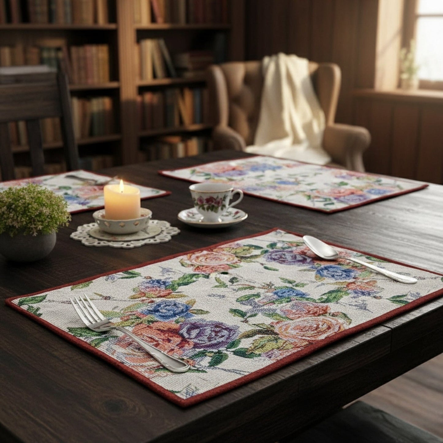 Romantic Rose Tapestry Placemats 4 Piece Set 13x19 Pink Floral