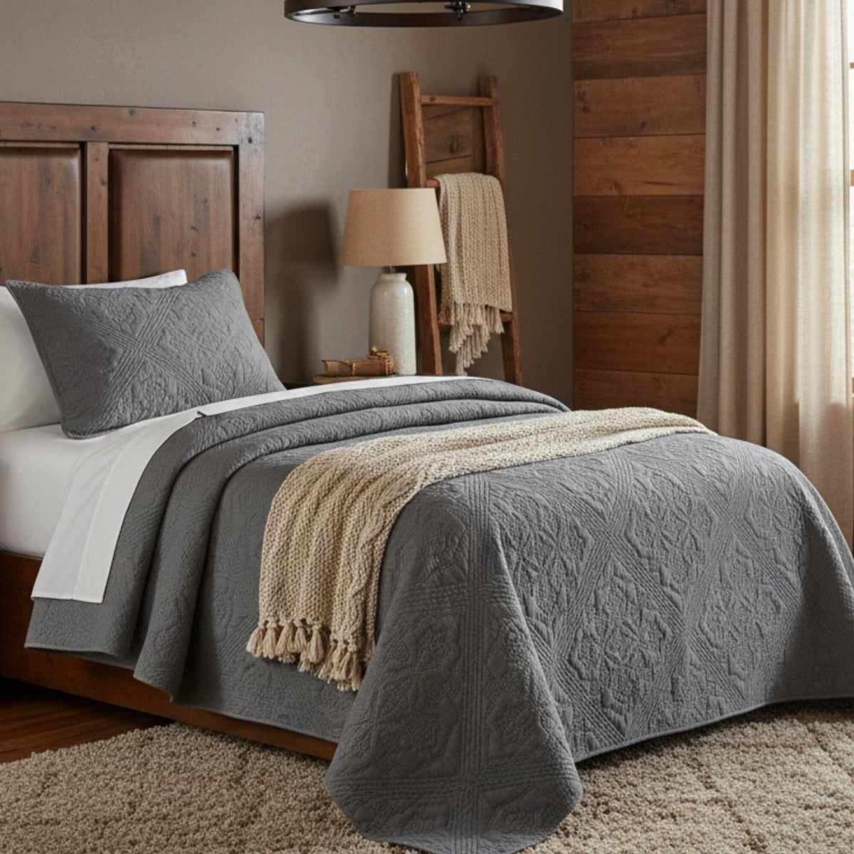 Vintage grey floral quilted bedspread set with diamond pattern