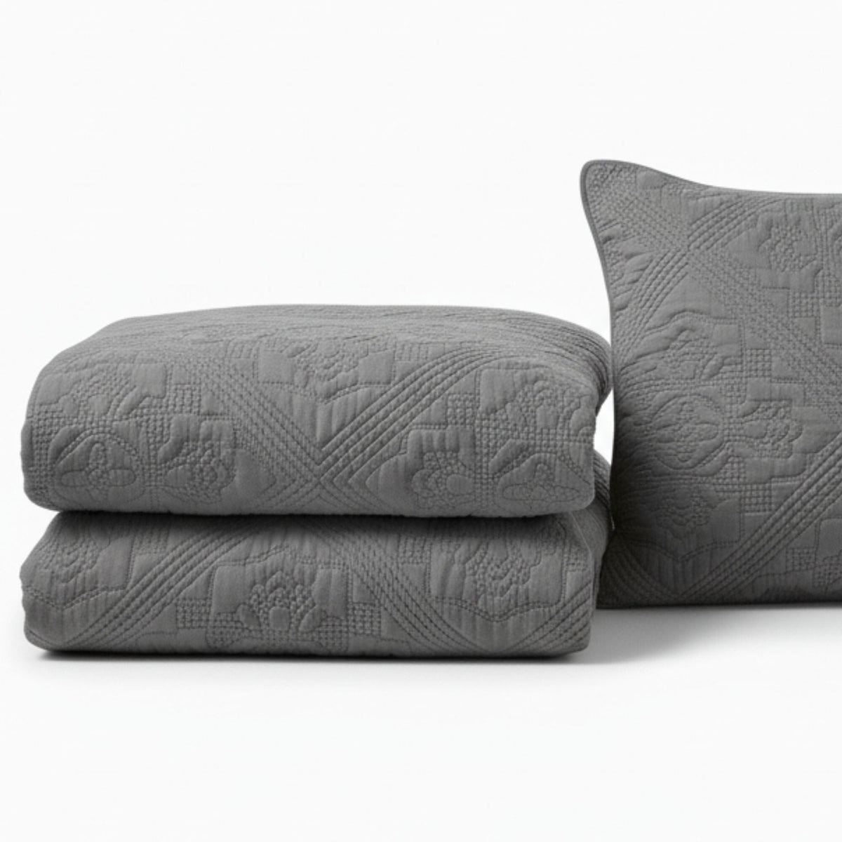 Vintage grey floral quilted bedspread set with diamond pattern