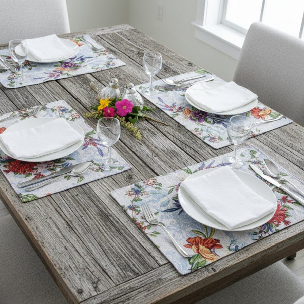 Set of 4 tropical sky blue bird floral tapestry placemats, 13x19 inches.