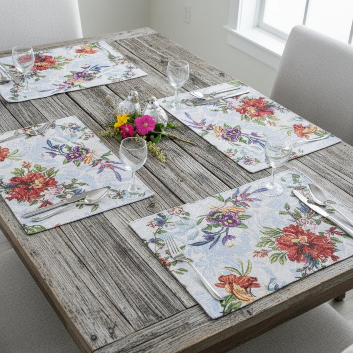 Four blue tropical bird and floral tapestry placemats, 13x19 inches.