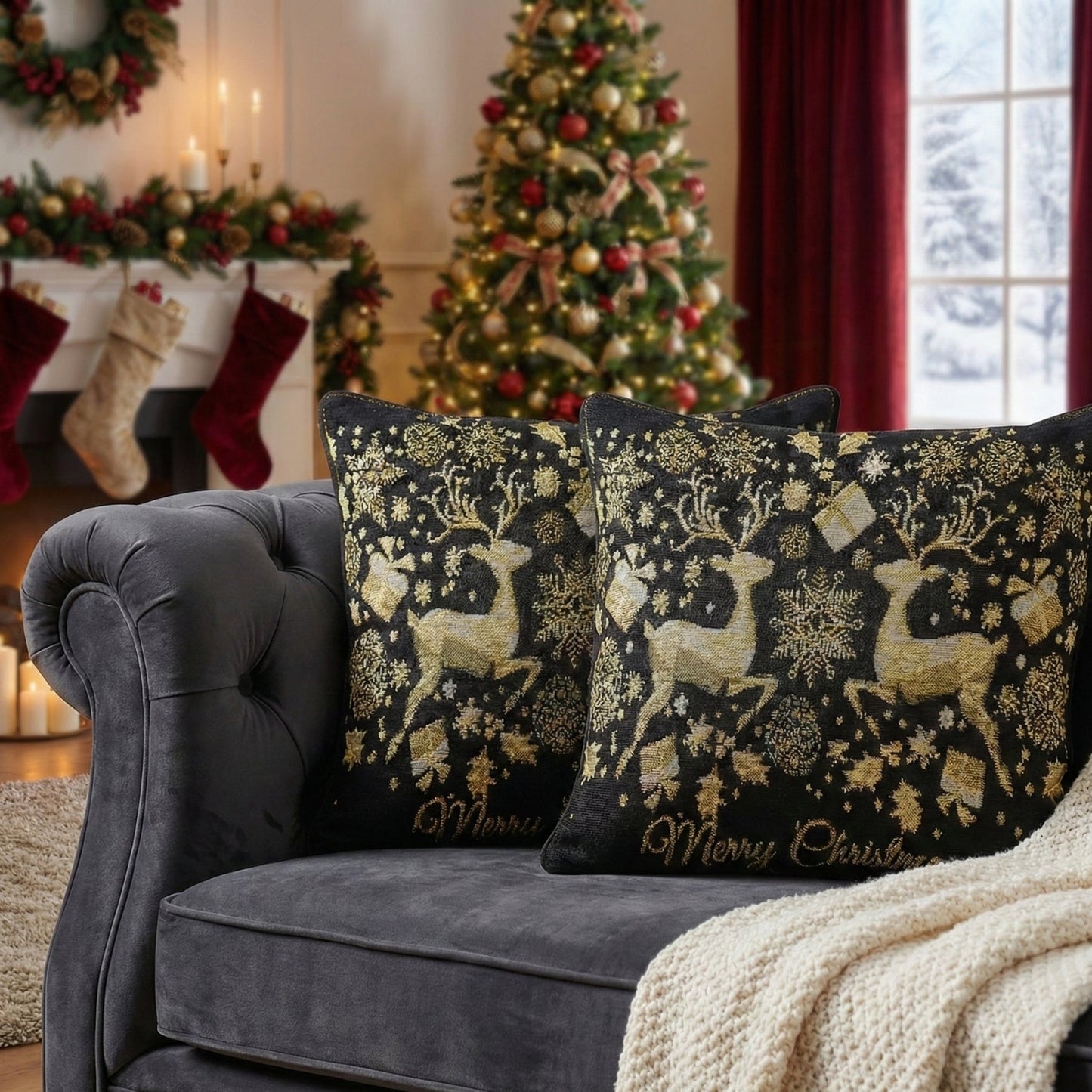 Magical Golden Reindeer Woven Tapestry Throw Pillow Cover 16 Inch