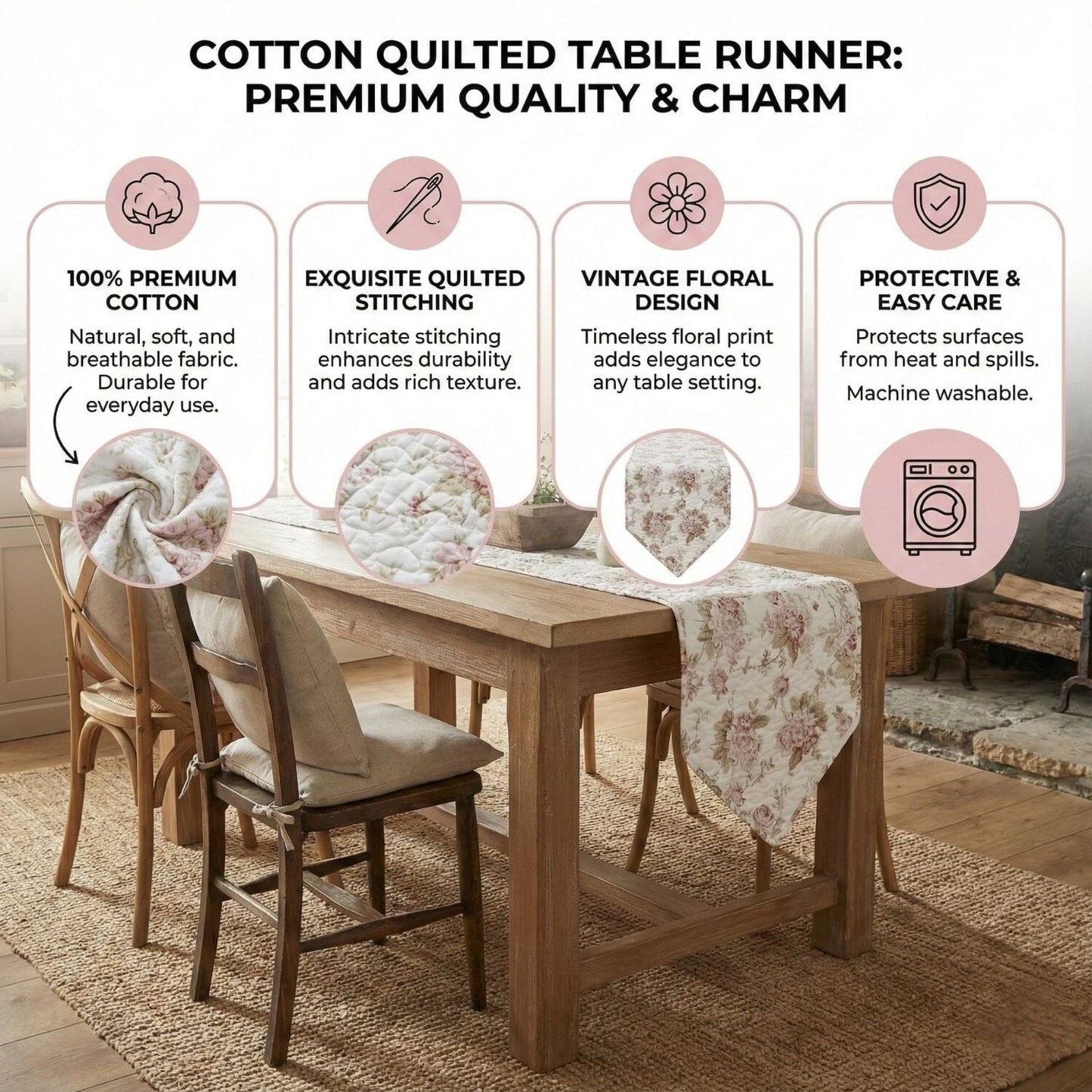 Mint Green Cottage Floral Roses Quilted Cotton Table Runner