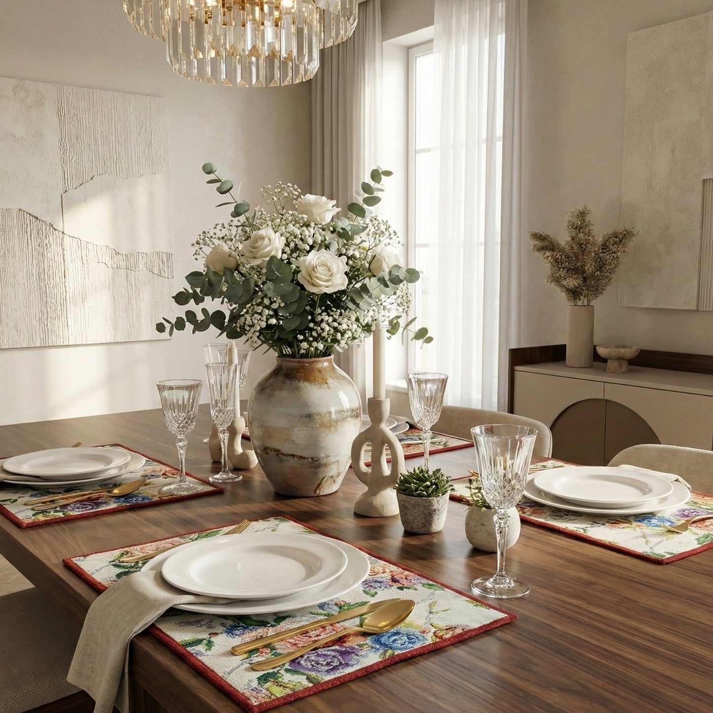 Romantic Rose Tapestry Placemats 4 Piece Set 13x19 Pink Floral