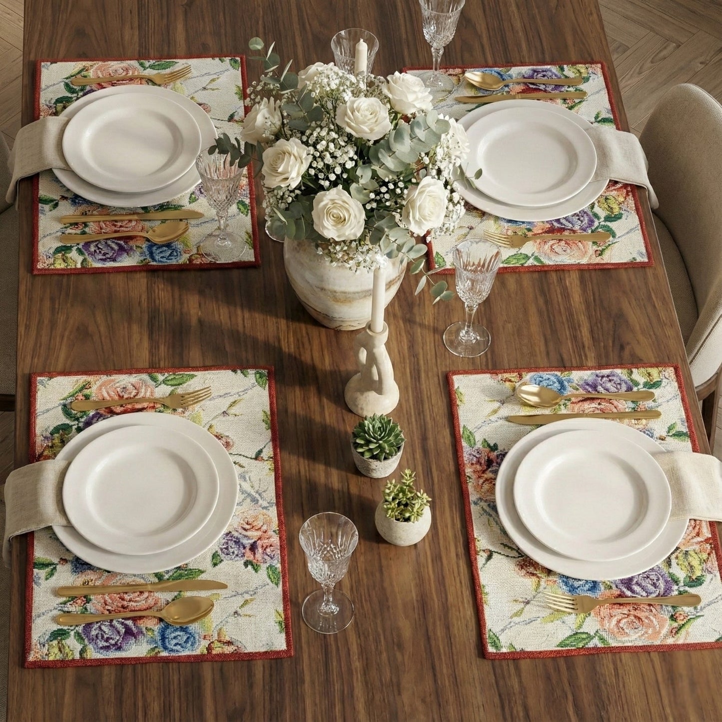 Romantic Rose Tapestry Placemats 4 Piece Set 13x19 Pink Floral