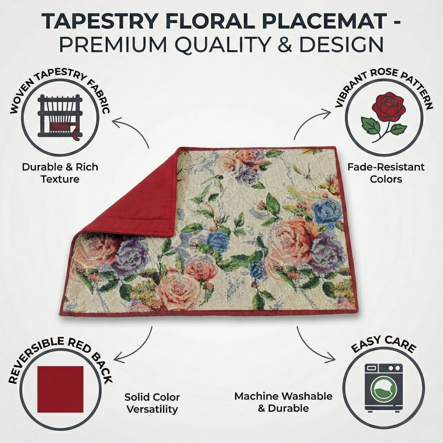 Romantic Rose Tapestry Placemats 4 Piece Set 13x19 Pink Floral