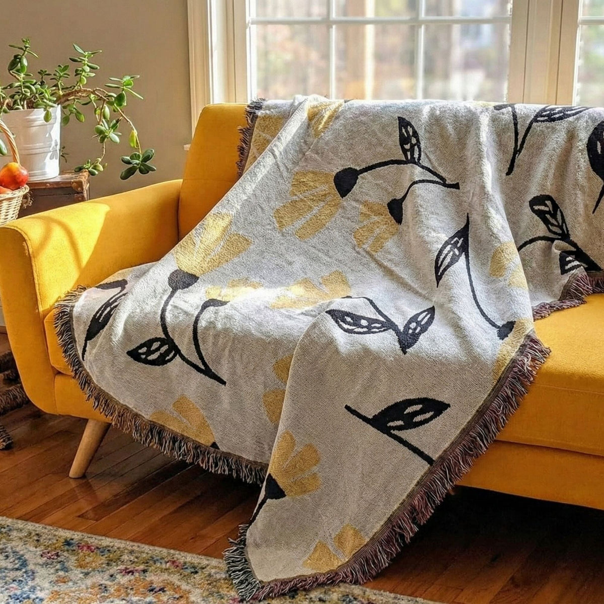 Yellow botanical throw blanket with golden floral tapestry pattern, 50x60 inches