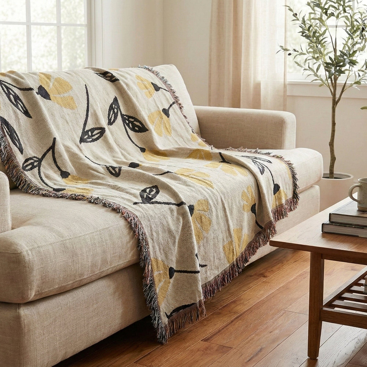 Yellow floral tapestry throw blanket, 50x60 inches.