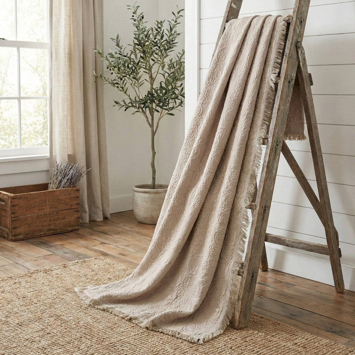Elegant taupe beige paisley quilted fringed throw blanket, 50x60 inches.