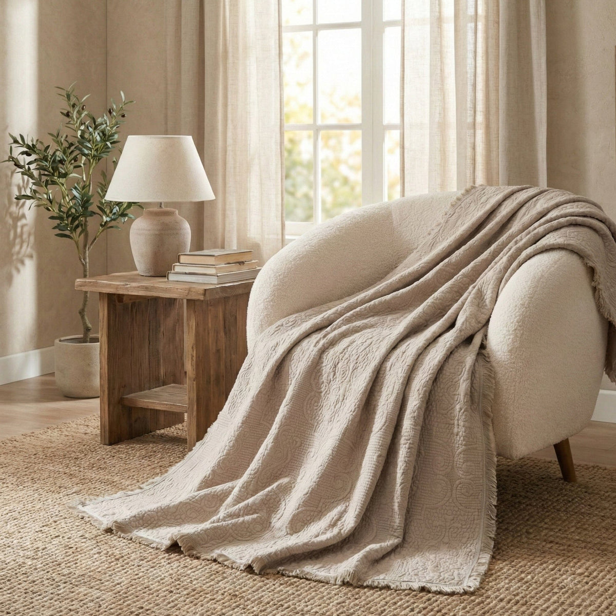 Taupe beige 50x60 fringed paisley quilted throw blanket