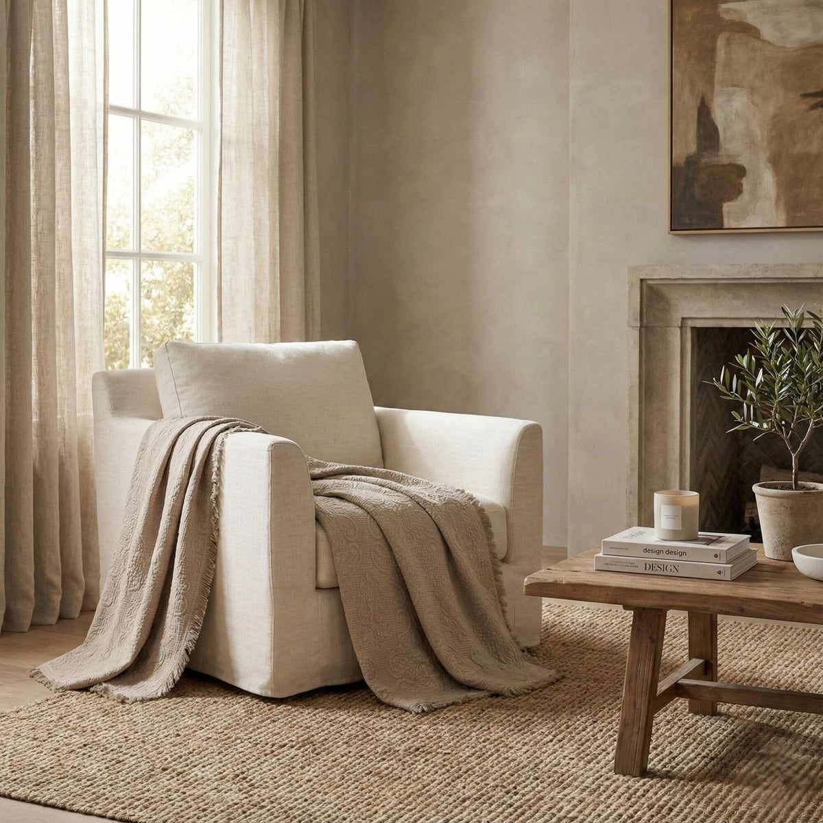 Taupe beige 50x60 quilted throw blanket with elegant paisley pattern and fringe.