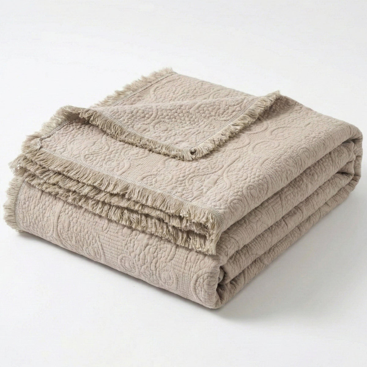 Elegant taupe beige 50x60 paisley quilted throw blanket with fringe