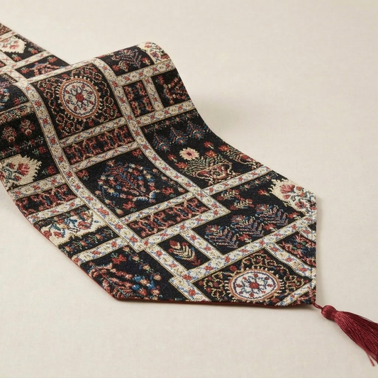 Elegant Woven Mughal Floral Tapestry Table Runner Dark Noir