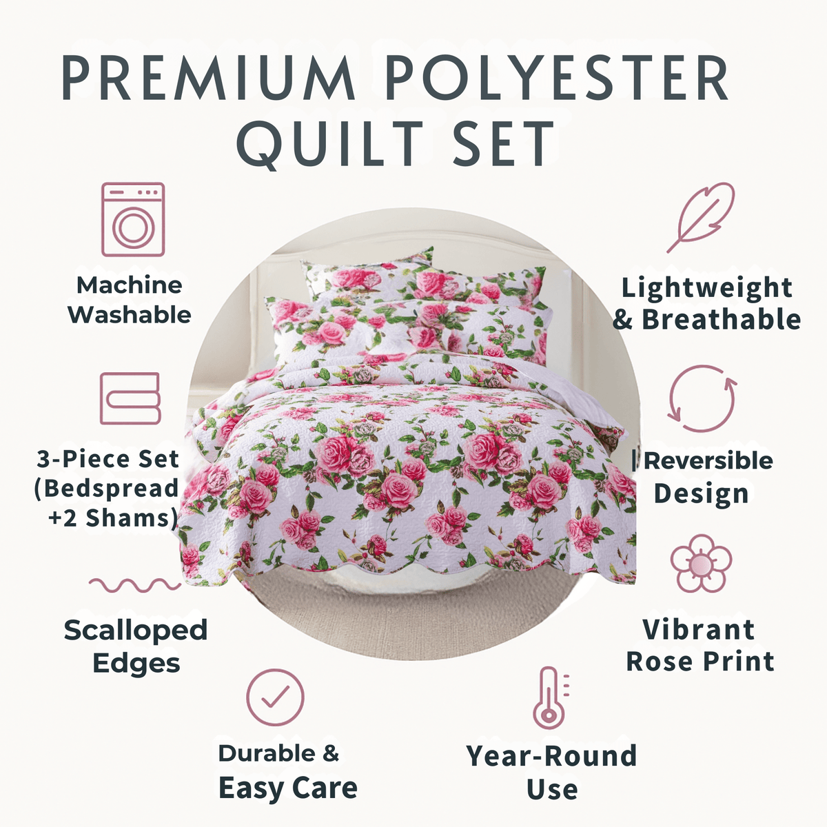 Pink floral quilted bedspread set with roses and scalloped edges.