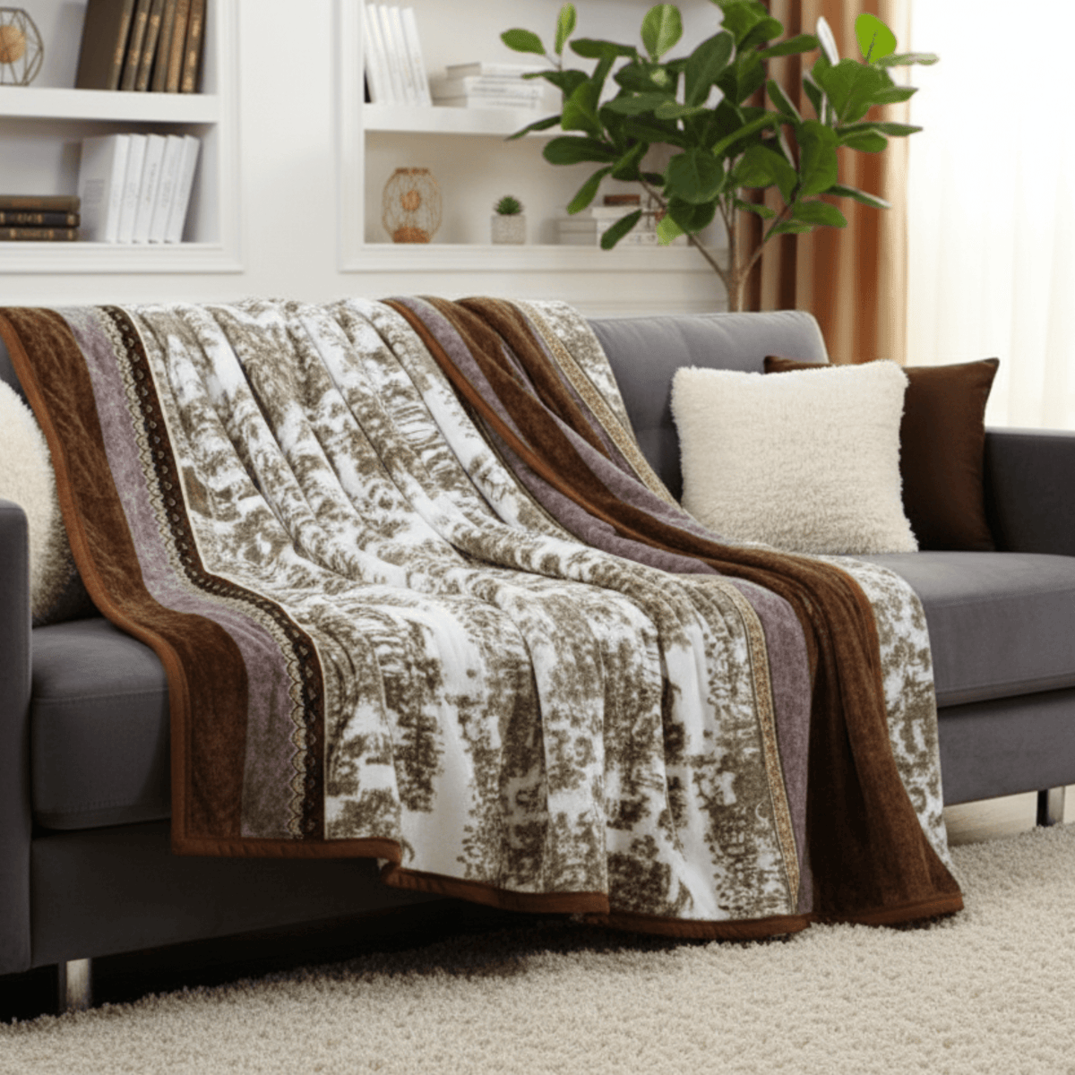 Twilight Lavender Brown Floral Flannel Mink Fleece Throw Blanket detail