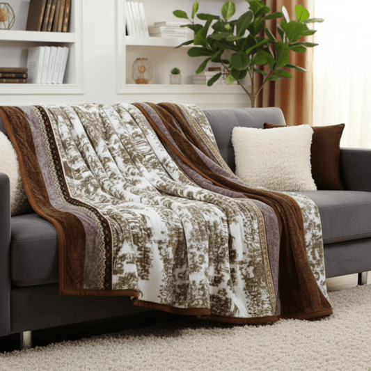 Twilight Lavender Brown Floral Flannel Mink Fleece Throw Blanket detail