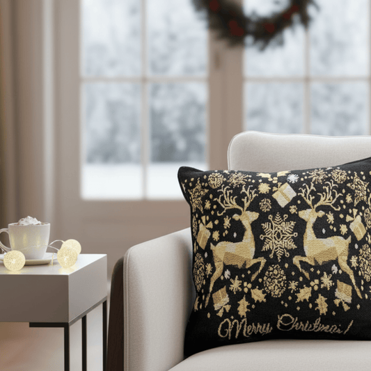 Magical Golden Reindeer Woven Tapestry Throw Pillow Cover 16 Inch