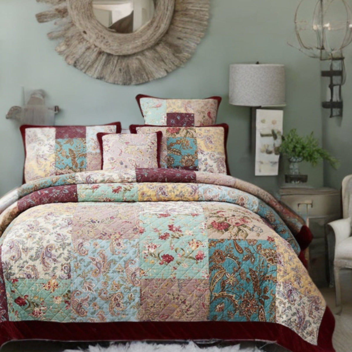 Burgundy velvet trim floral paisley patchwork cotton bedspread set