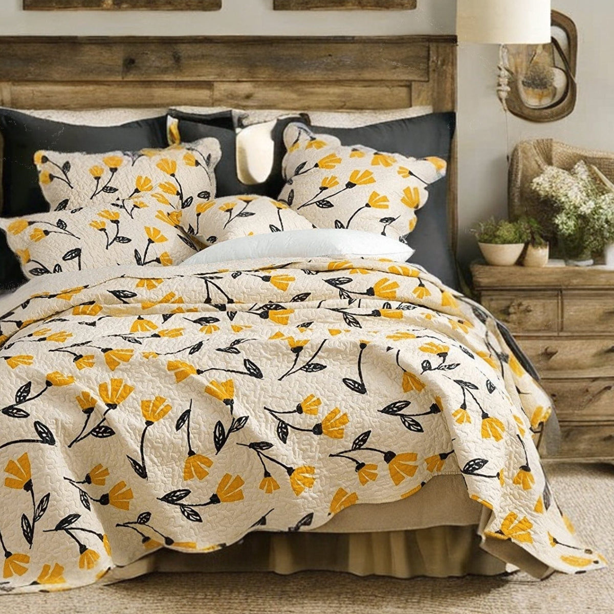 Yellow floral scalloped bedspread set on ivory cream background