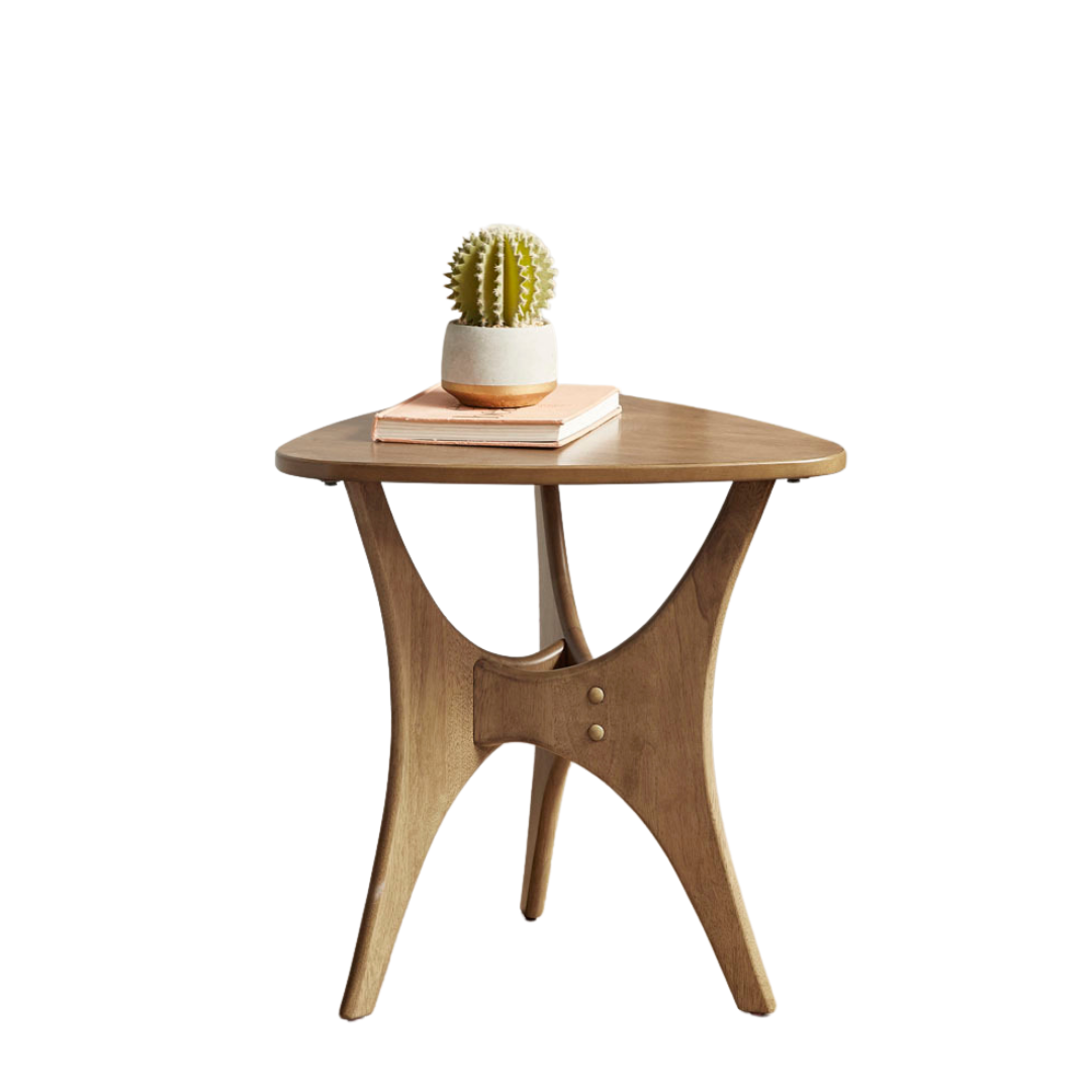 Ink Ivy Blaze Triangle Wood Side Table in natural elm finish.
