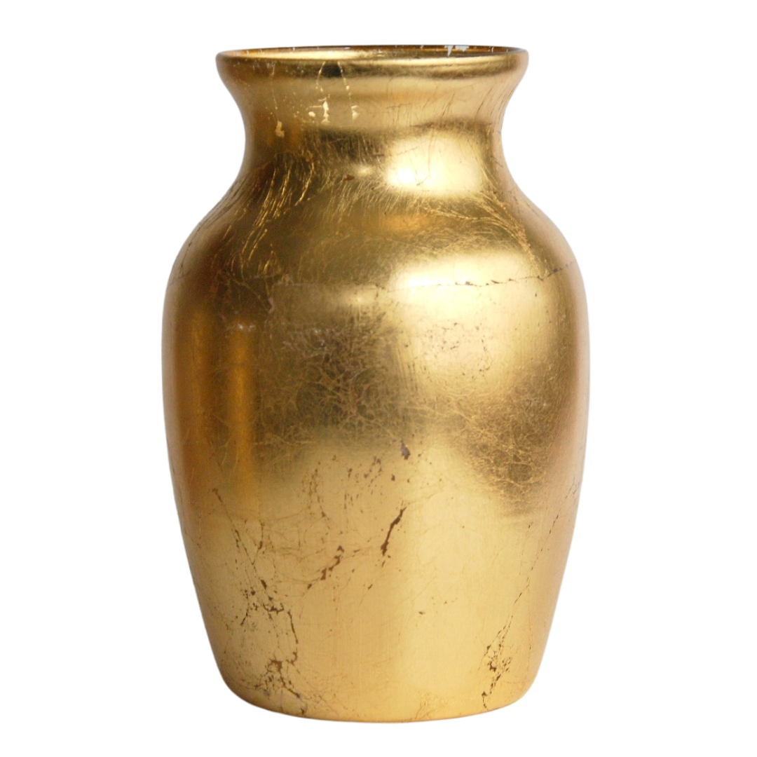 Gold Greek style flower vase, hand-gilded with distressed finish, 7 inches tall.