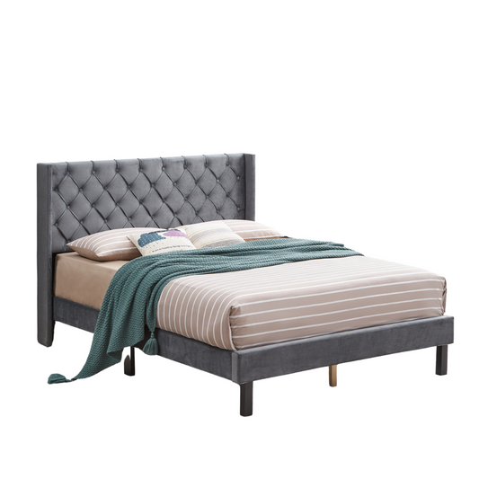 Elegant Upholstered Queen Bed with Wings Design featuring a stylish headboard and sturdy wooden slats for support.