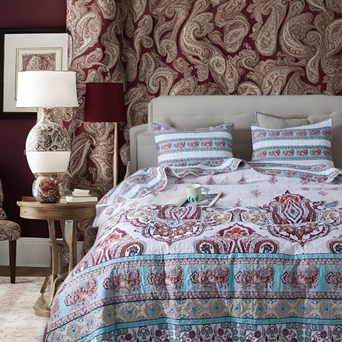 Bohemian white and blue floral paisley bedspread set with pillow shams.