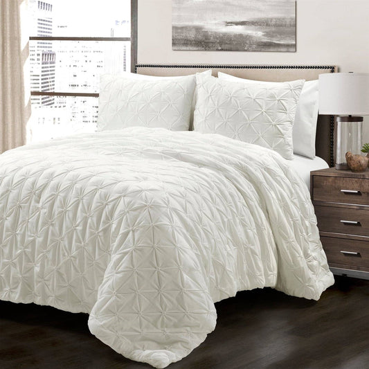 Full/Queen Soft Pleated Cotton 3 Piece Comforter Set White-0