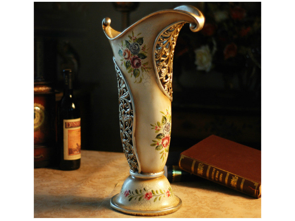 Tall 21-inch vintage resin vase hand-painted with colorful flowers.