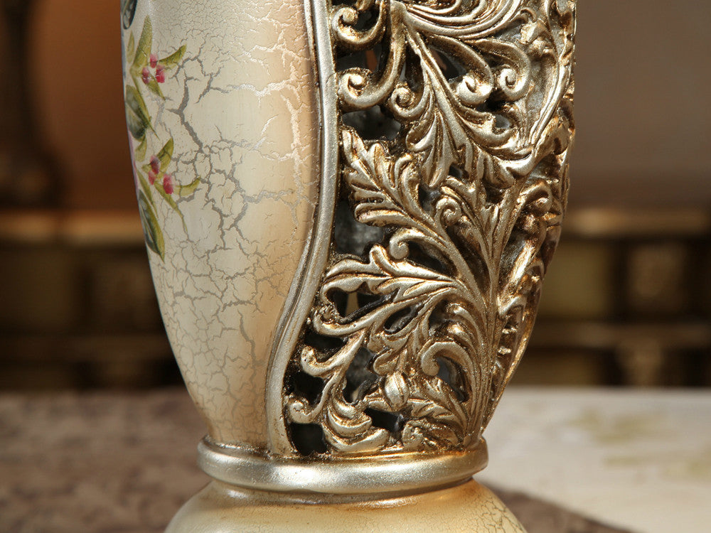 Tall vintage resin vase, twenty-one inches high, hand-painted with flowers.