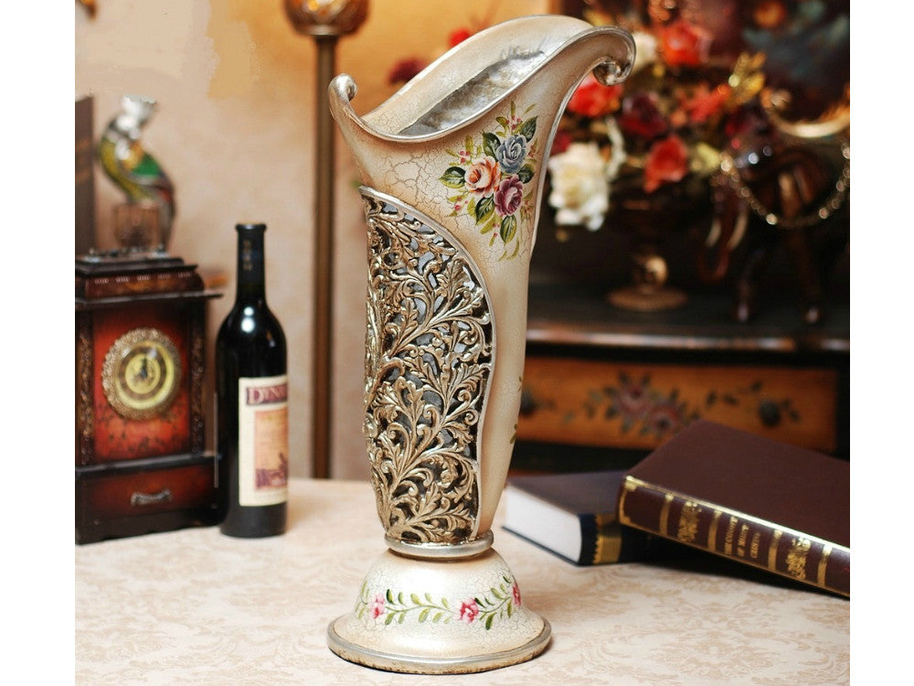 Vintage tall resin vase, hand-painted with flowers, 21 inches high.