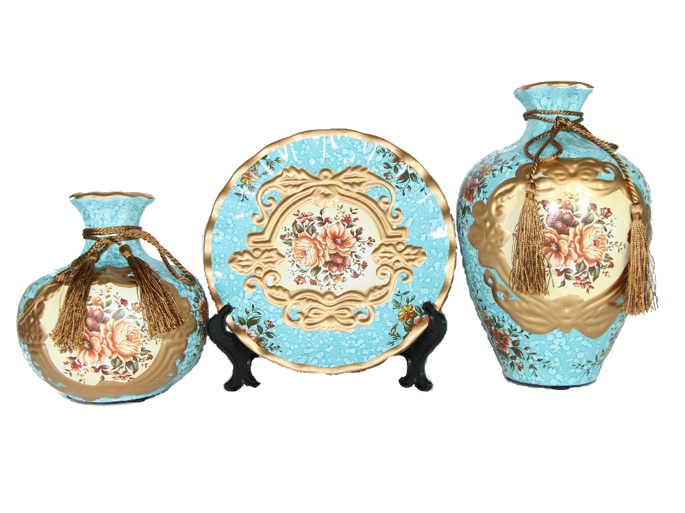 Light blue ceramic vase set with floral design and gold rim.