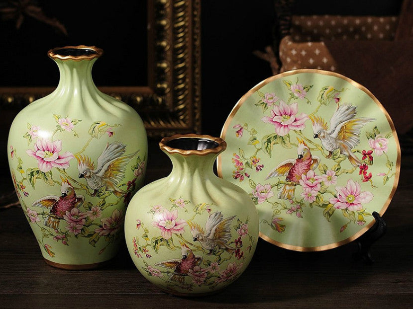 Jade green hand-painted floral ceramic cockatoo vase set.