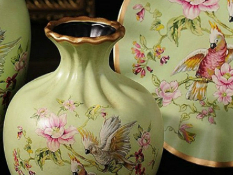 Jade green hand-painted floral ceramic cockatoo vase set
