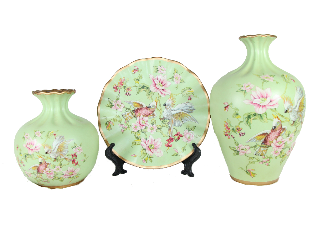 Jade green hand-painted floral cockatoo meadow ceramic vase set