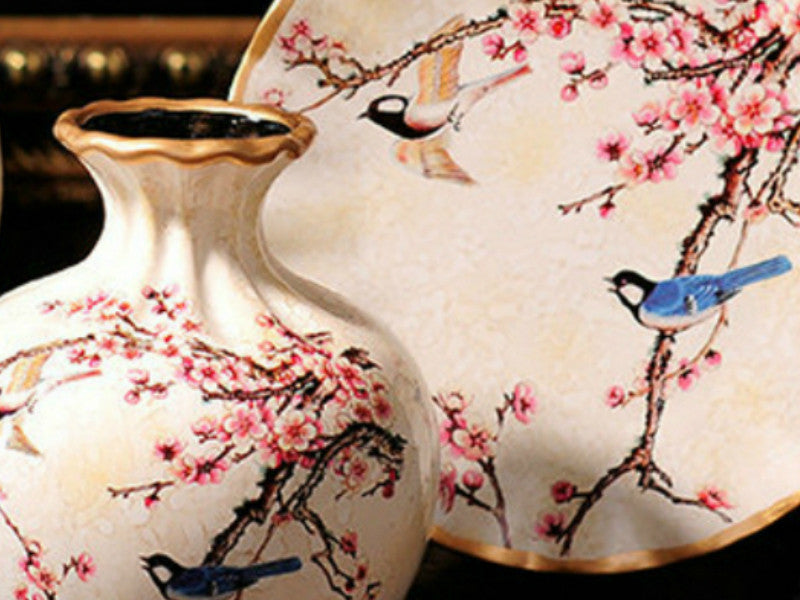 Off-white ceramic vase set with golden rim, Cherry Blossom Meadow design.