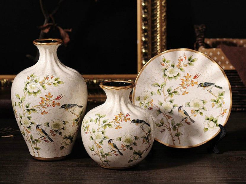 Off-white ceramic vase set with hand-painted finch and floral design