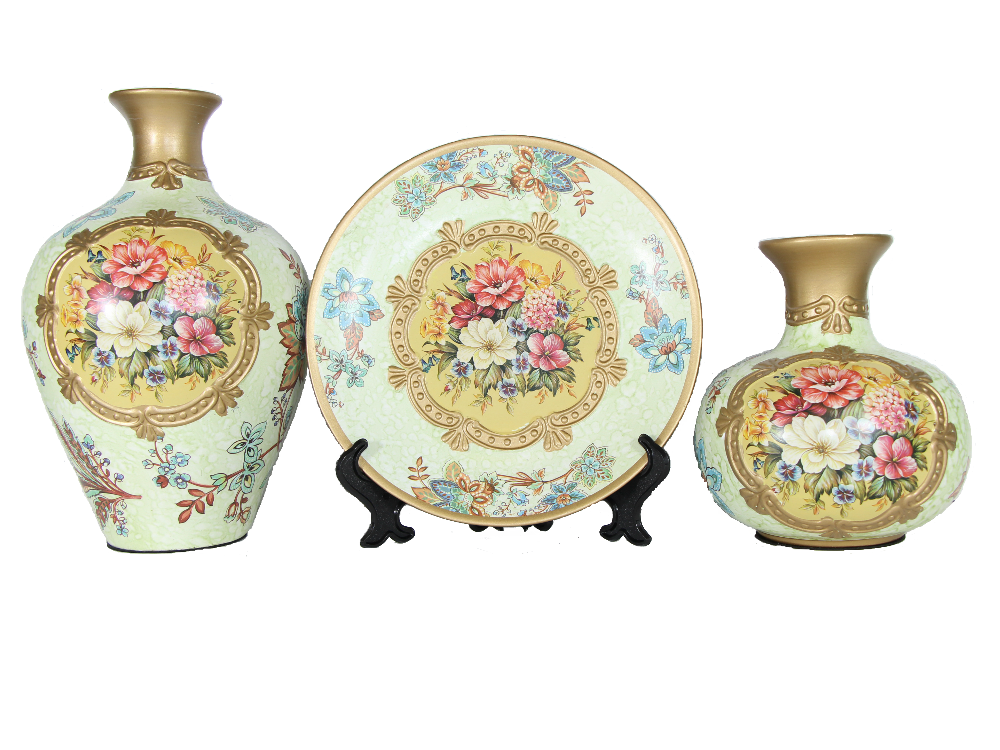 Three yellow vintage ceramic vases with golden bands and floral designs.