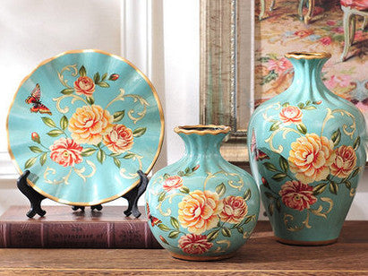 Ocean blue ceramic vase set with hand-painted roses and butterflies