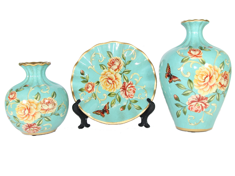 Ocean blue ceramic vase set with hand-painted roses and butterflies.