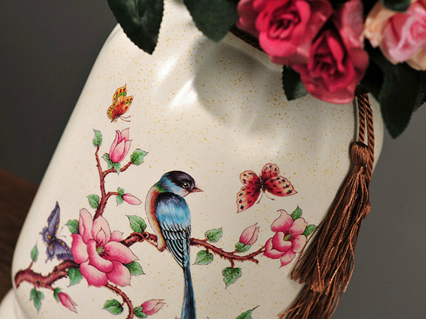 Blue Bird Meadow 3-piece ceramic vase set with hand-painted birds.