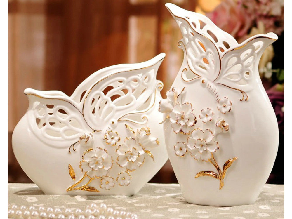 Porcelain vase set of 2, basket weave, pinched flowers, gold accents