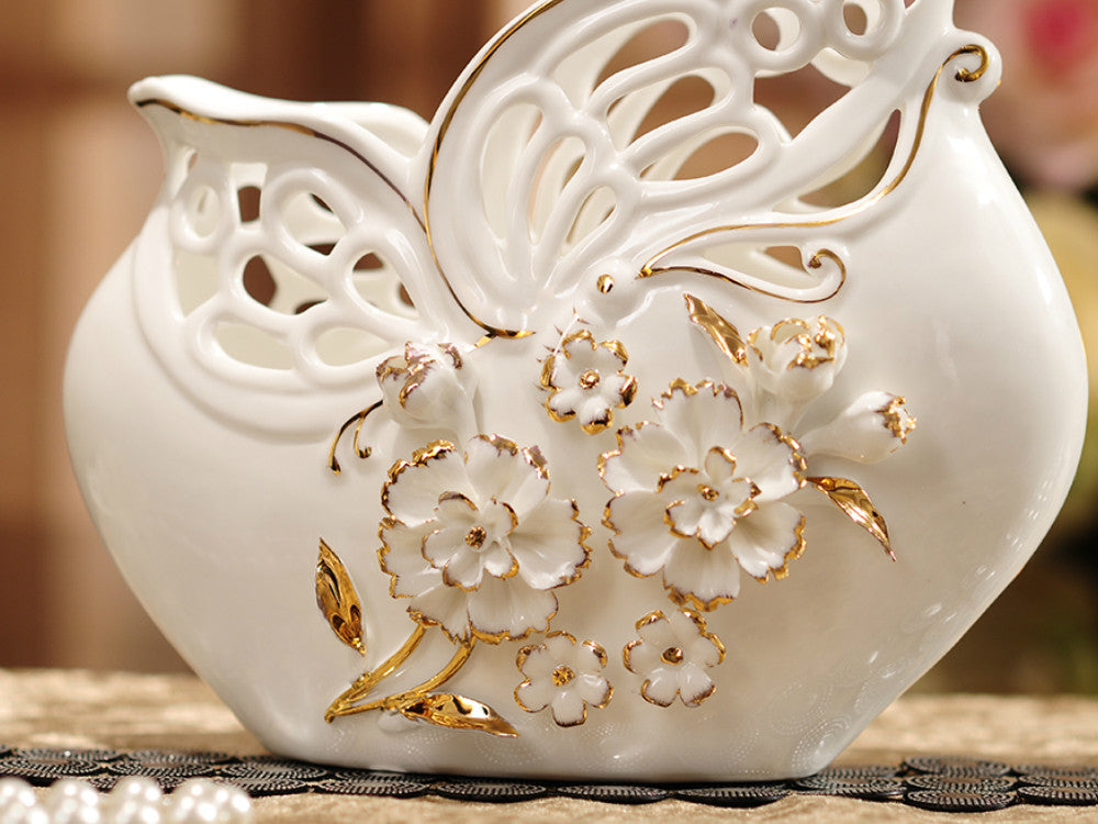 Porcelain vase set of 2, basket weave, pinched flowers, gold accents.