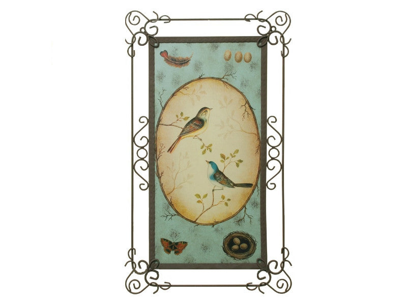 Two blue and yellow metal bird sculptures for wall decor.