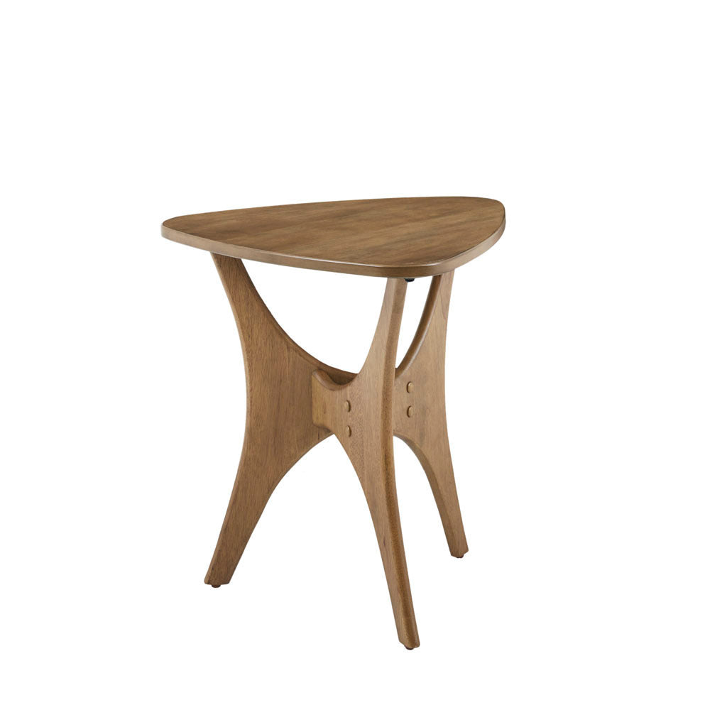 Ink Ivy Blaze triangle wood side table in natural elm mid-century modern style.
