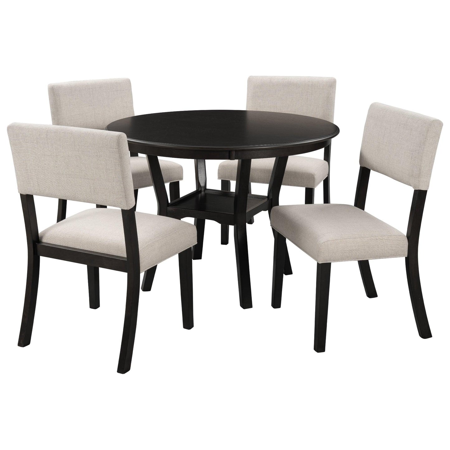 5-Piece Kitchen Dining Table Set Round Table with Bottom Shelf, 4 Upholstered Chairs for Dining Room Espresso