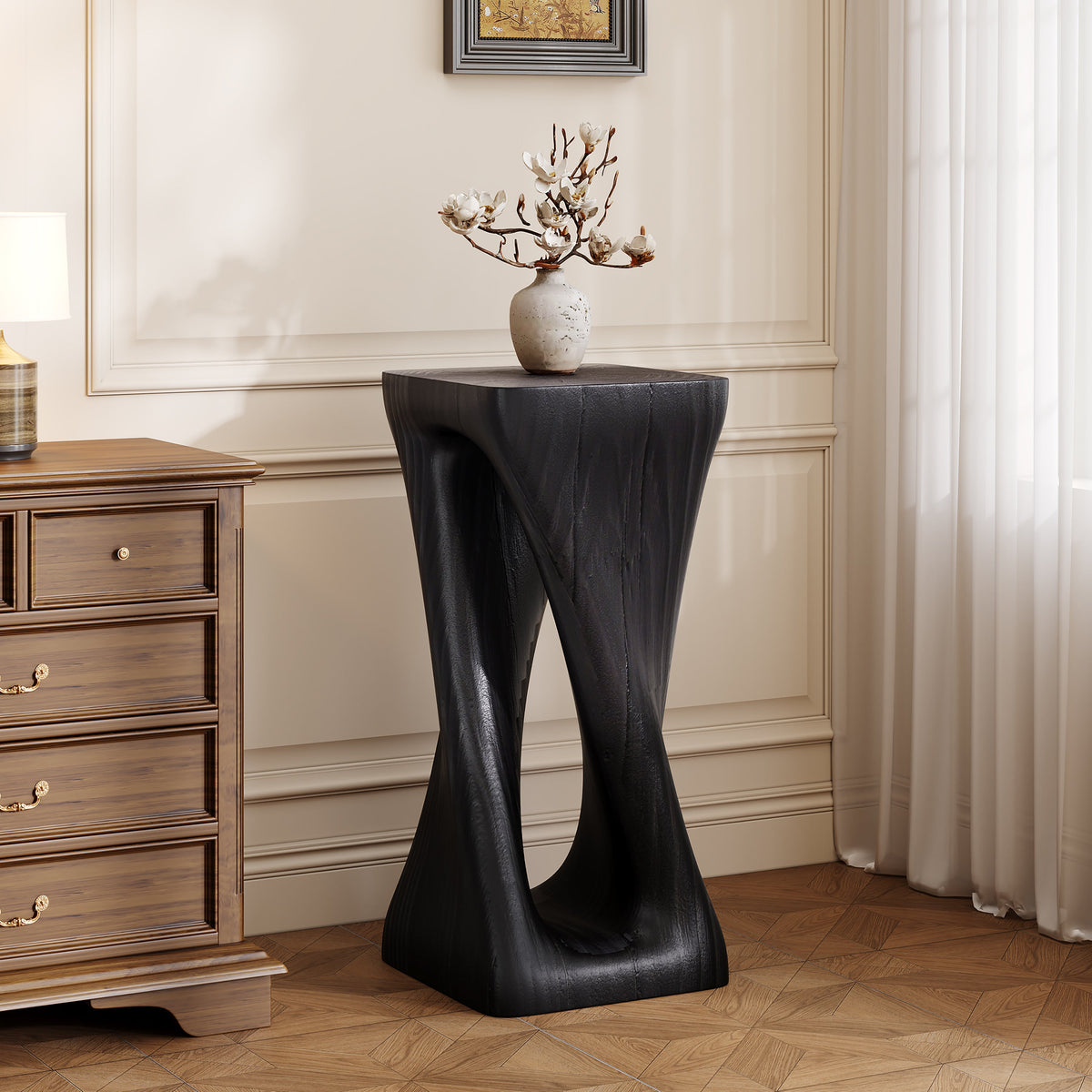 Outdoor twist end table, wood grain finish, hollow interior