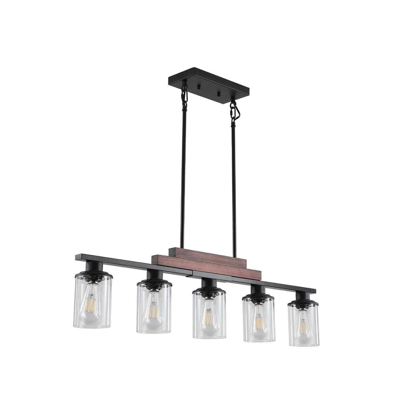 Adjustable 5-Light Farmhouse Industrial Pendant Chandelier with Clear Glass Shades for Kitchen and Dining Spaces