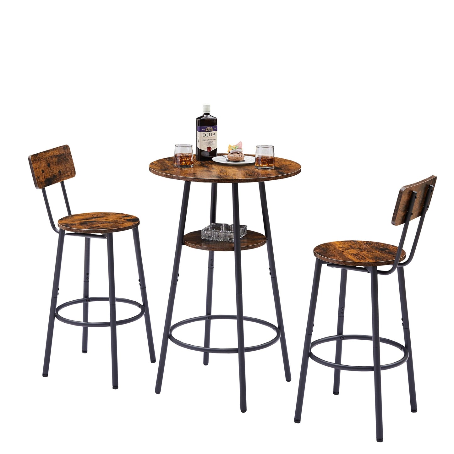 Rustic Brown Round Bar Stool Set with Circular Shelf and Backrest, 23.6'' Dia x 35.4'' H