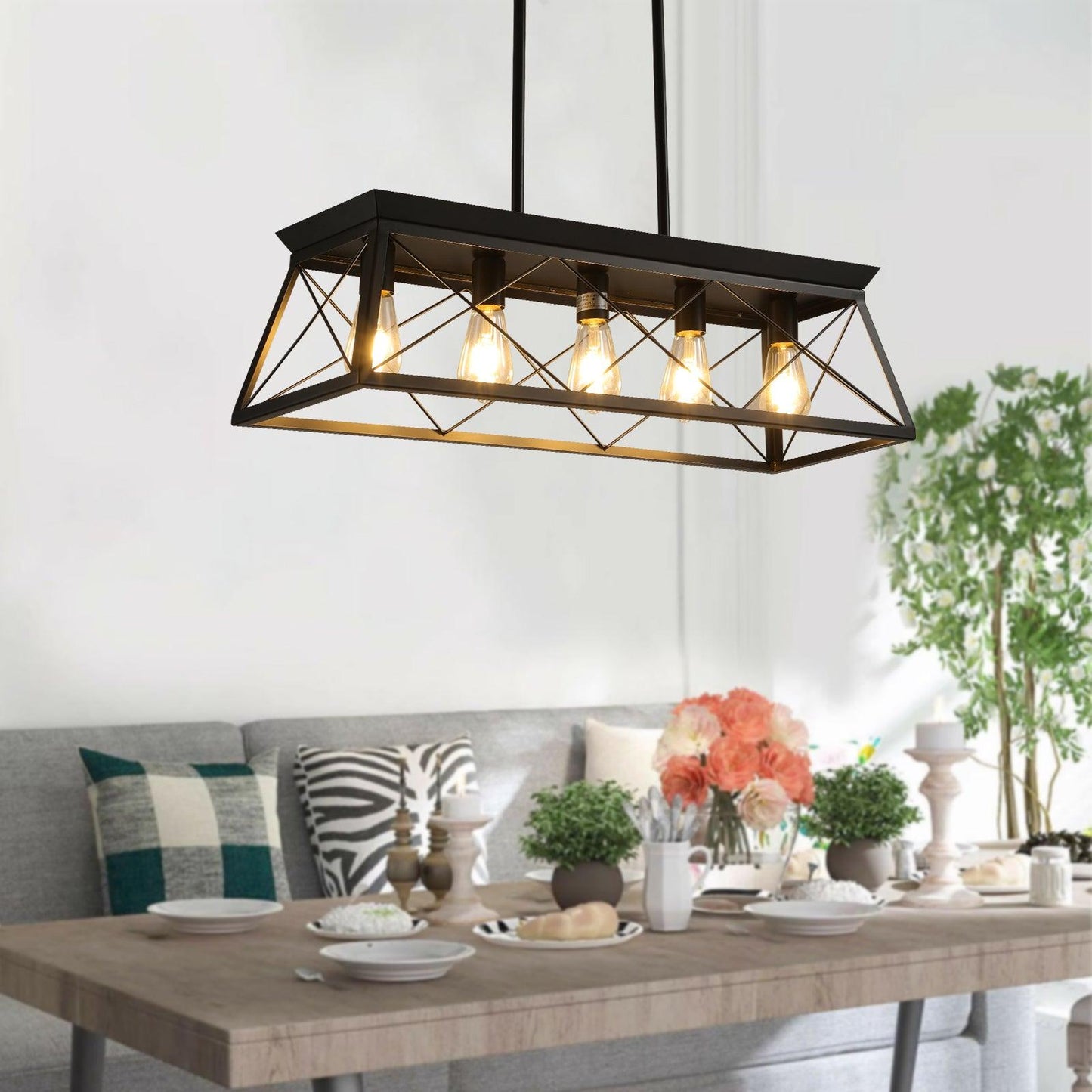 5-Light Rustic Metal Pendant Chandelier for Dining and Kitchen Spaces, Adjustable Farmhouse Island Light Fixture in Pure Black (Bulbs Not Included)